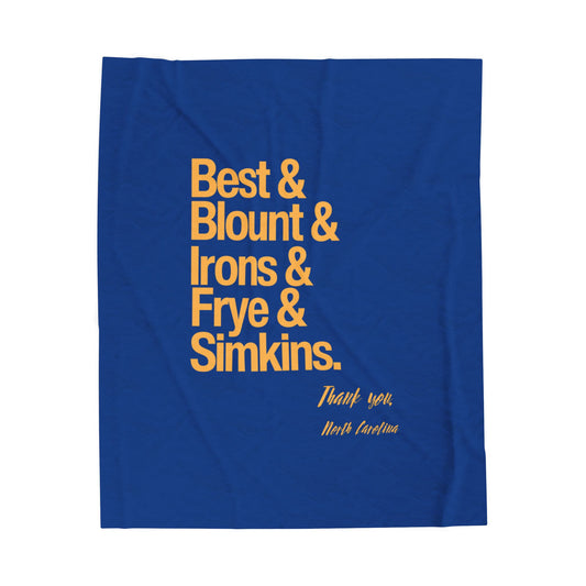 Velveteen Plush Blanket — Blue Team Roster Typography Throw (Best & Blount & Irons & Frye & Simkins)